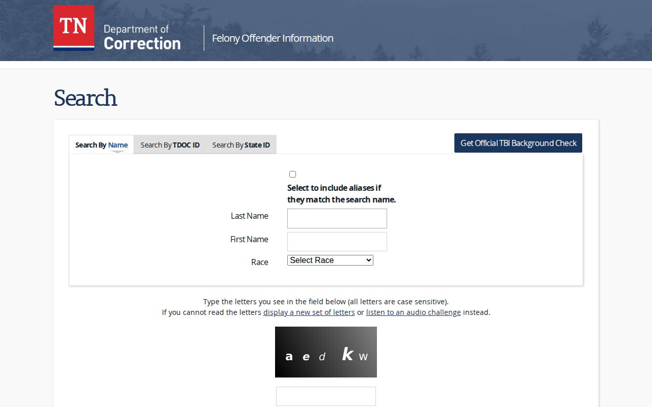 Tennessee FOIL offender search form used for Putnam County release date research