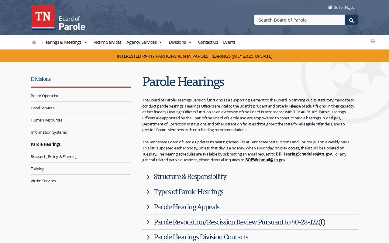 Tennessee Board of Parole weekly hearing schedule instructions for Putnam County supervision records